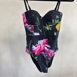Ted Baker Black and Pink Tropical One Piece Swimsuit